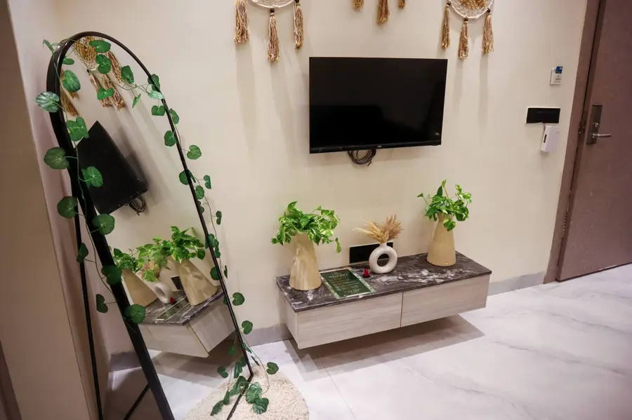 Living area console with plants