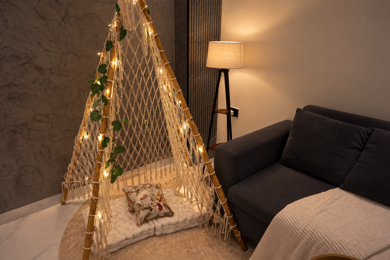 Warm STAYO living space with a cozy illuminated seating area
